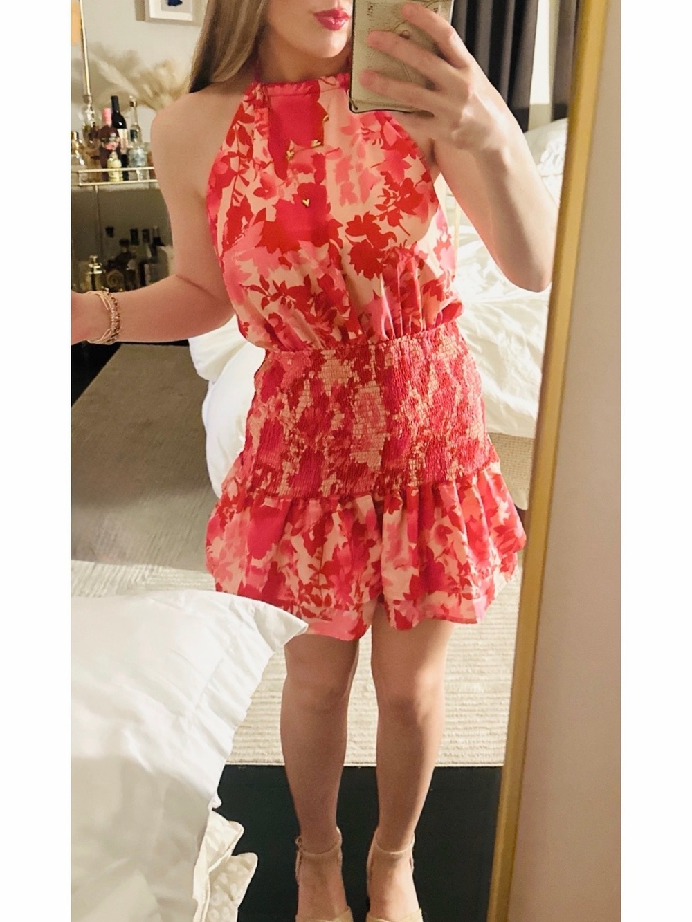 Floral Halter Mini Dress in Coral Pink